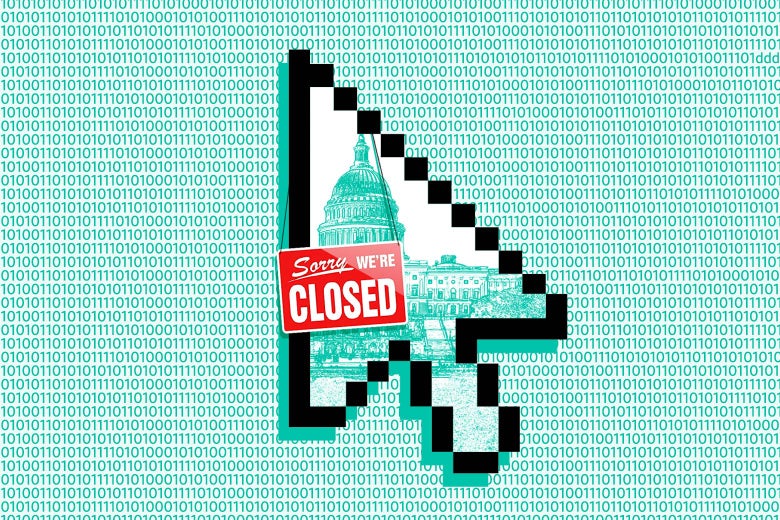 Closed sign on a US government building inside a mouse icon.